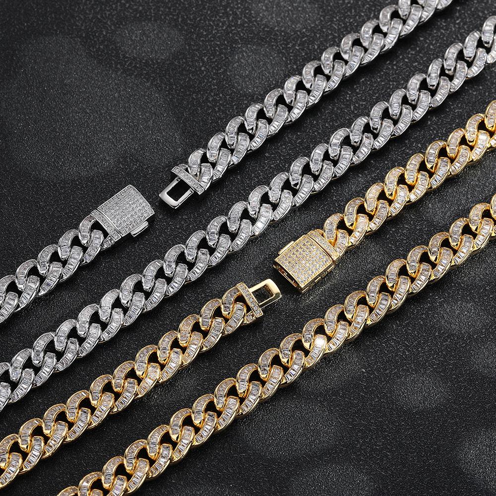 Flat Cuban Chain 11mm Oval String Ring Cuban Diamond Chain Full Diamond T Square Zircon Men's Bracelet Necklace Cuban