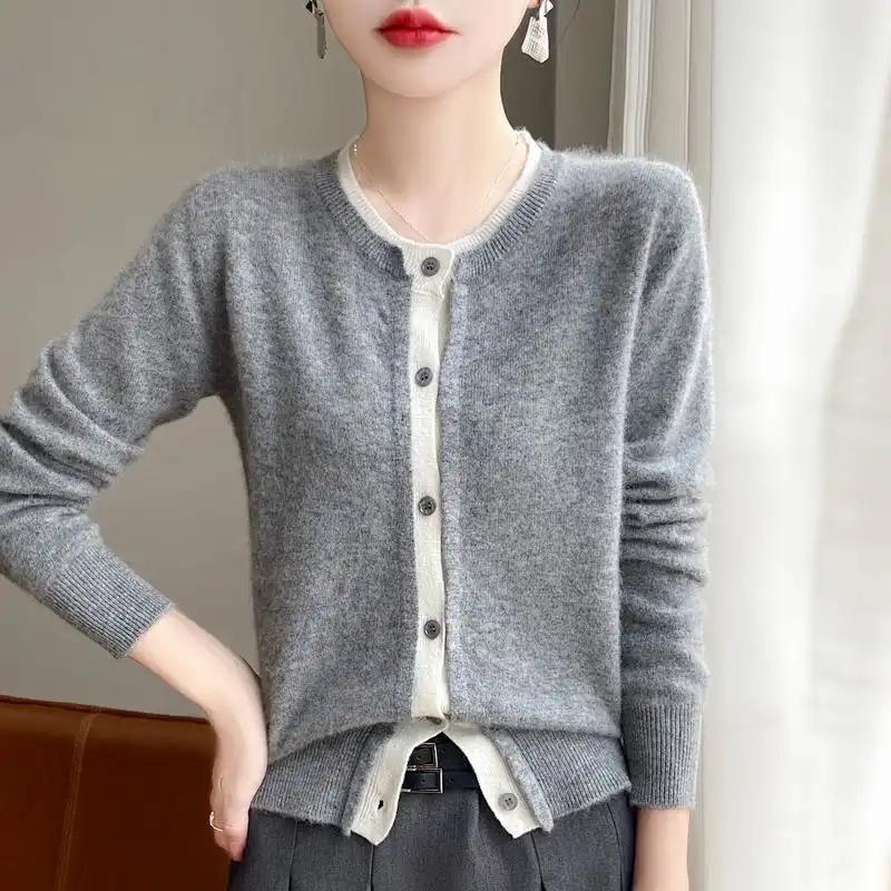 Women's New Autumn Winter Fake Two Piece Wool Cardigan Color Block Crew Neck Loose Sweet Layering Sweater Coat