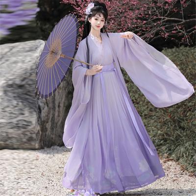 Chinesischer Wei- und Jin-Dynastie-Stil Lila Weitärmeliges Überlappendes Einteiliges Kleid Alltagsanzug