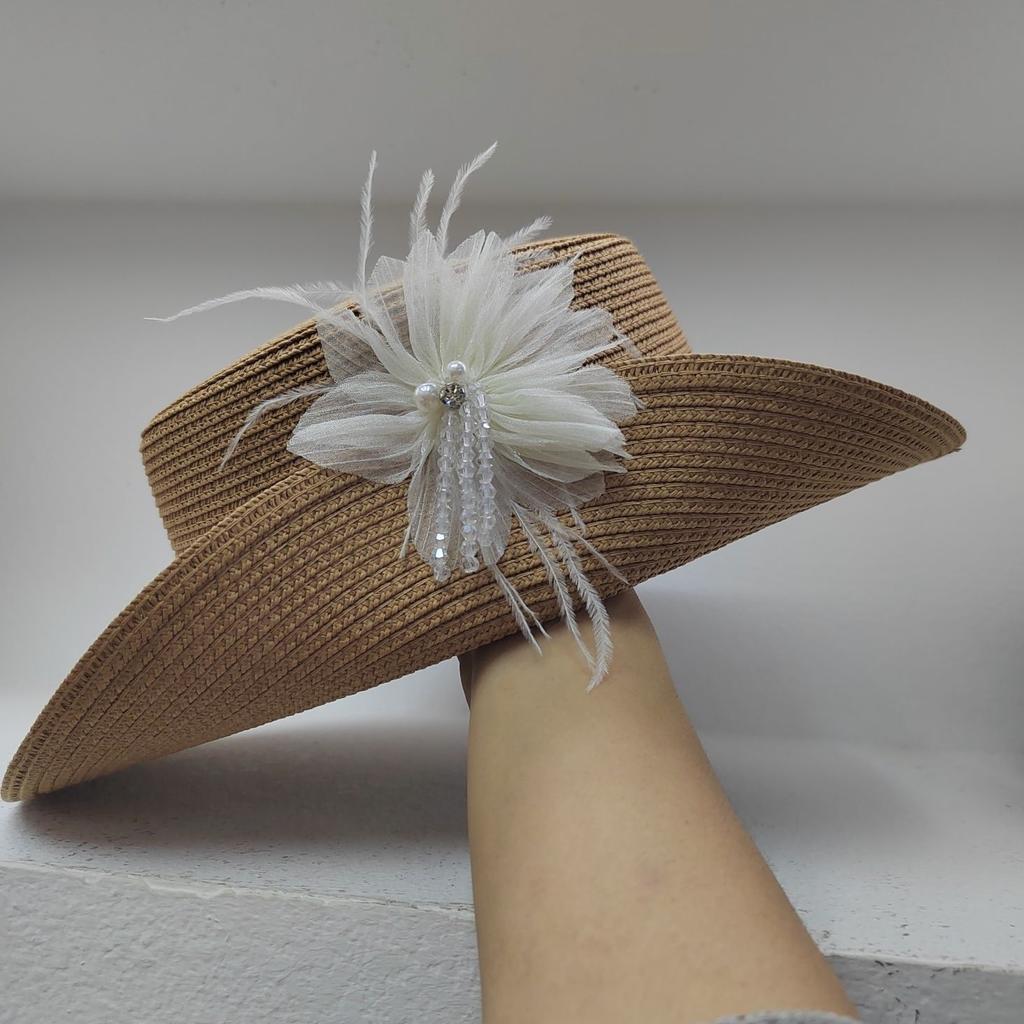 Summer Elegant Top Hat Grass Hat Versatile Pearl New Fashion Sunscreen and Sunshade Hat Flower Hat Beach