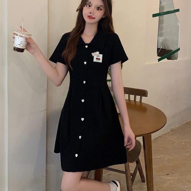 Sweet college style splicing button lapel dress women's small summer waist A word short skirt