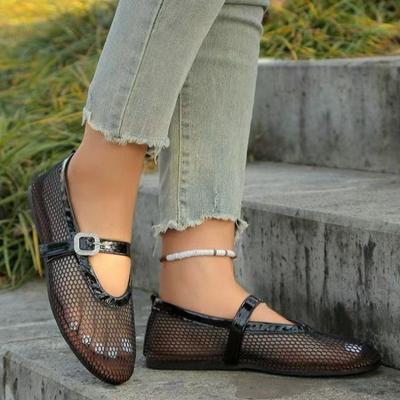 Mesh Cutout Breathable Flat Shoes Women's Round Toe Shallow Mouth Slip Strap Soft Slip Single Shoes