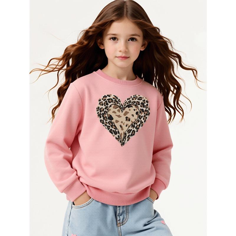 Girls' Leopard Print Heart Pattern Long-Sleeve Crewneck Sweatshirt | Casual, Slight Stretch, Regular Fit