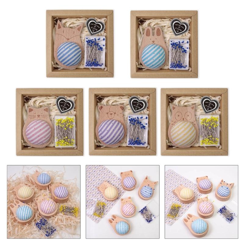 Pin Holder Wood Pin Cushion with 100Pcs 38mm Long Straight Sewing Pin for Fabric Sewing Dressmaking Needlework
