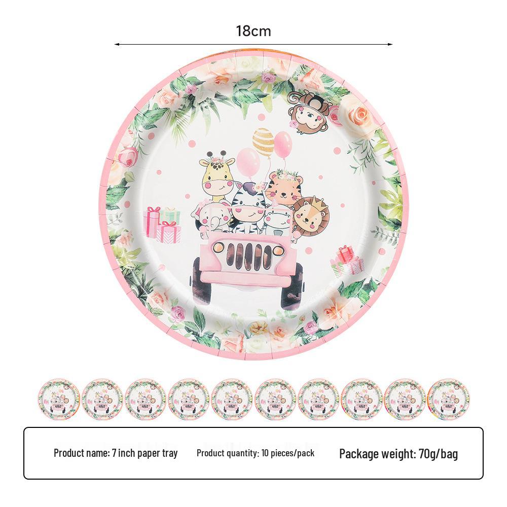 2025 Pink Jungle Animal Party Paper Tableware Set: Plates, Cups, Napkins, Tablecloth