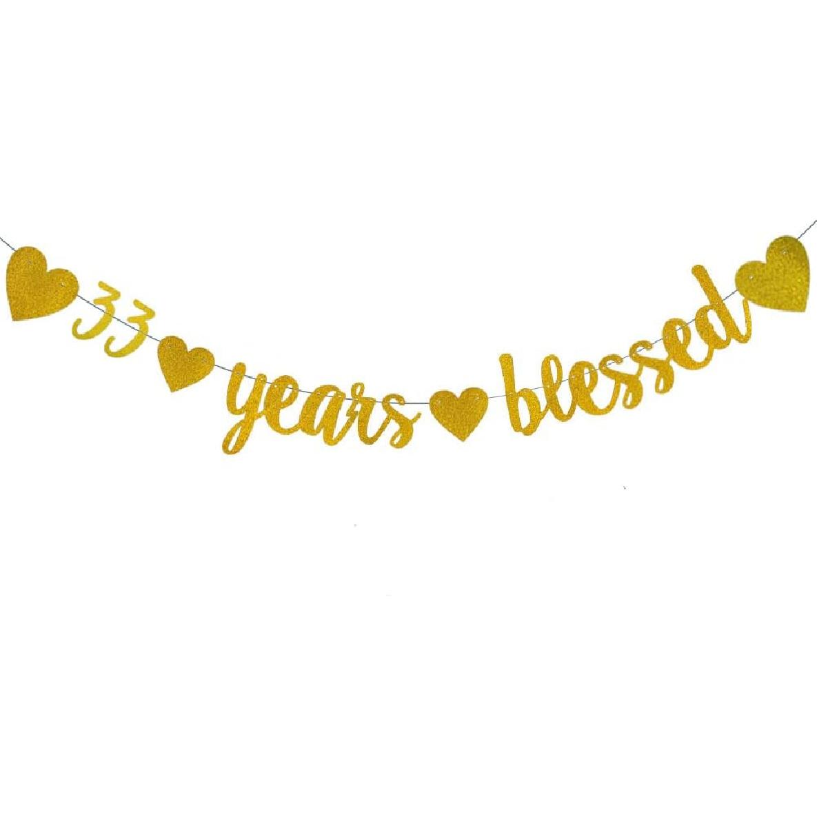 WEIANDBO 33 Years Blessed Gold Glitter Banner,Pre-Strung,33rd Birthday