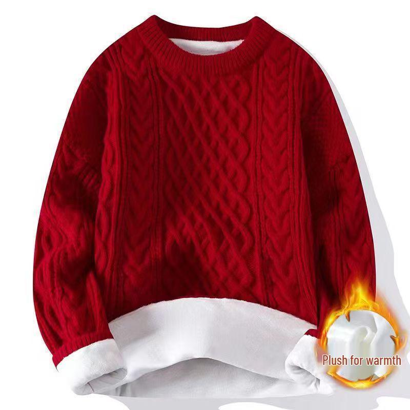 Luxury Autumn/Winter Velvet-Lined Cable Knit Sweater: Warm, Versatile, Thick Round Neck In Black & White