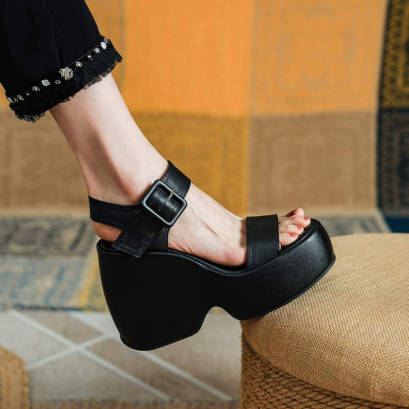 Krazing Pot Cow Leather Peep Toe Thick High Heels Platform Summer Shoes Buckle Straps Casual Waterproof Women Sandals