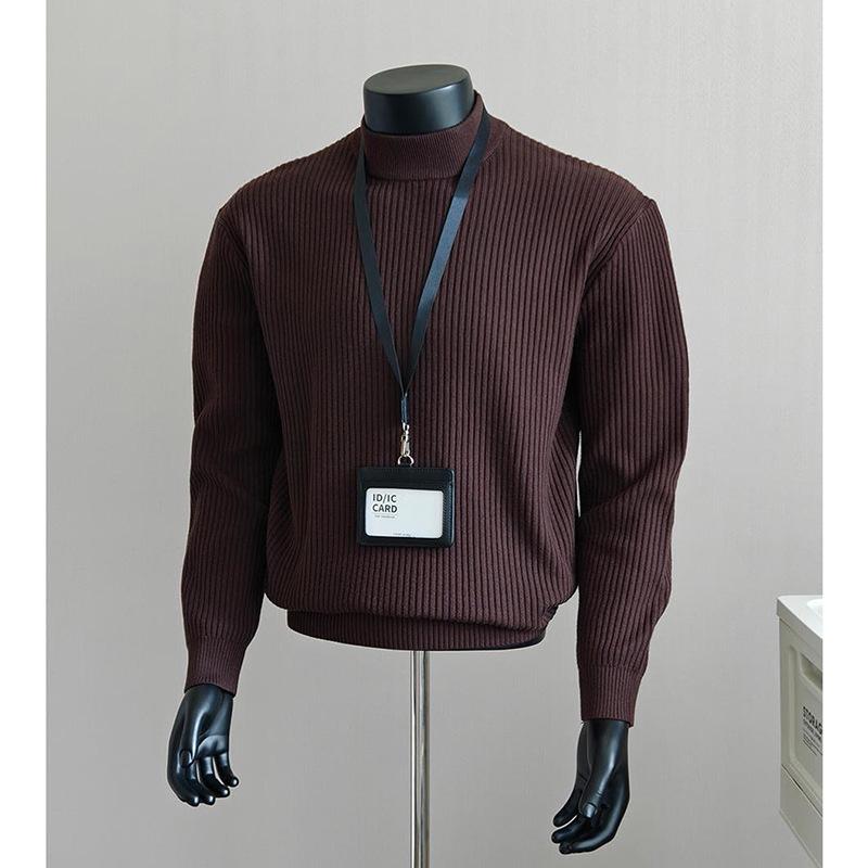 Herren Weißer Gerippter Rollkragenpullover - Herbst/Winter Lazy Style, Gestrickt, Gerade Schulter, Hohe Dehnbarkeit