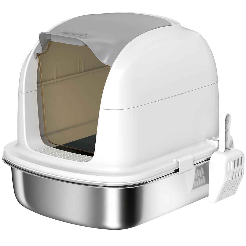 Litière pour Chat en Acier Inoxydable avec Couvercle, pour Chats, Litière Fermée pour Chat avec Couvercle à Rabat, Pelle