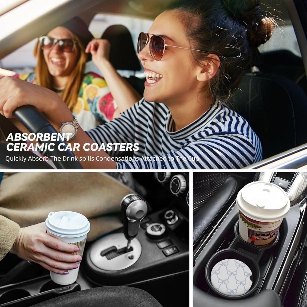 Blue Bow Car Cup Coaster 2 Pack Ceramic Absorbent Car Coasters 2.56 Inch Non-Slip Car Cup Holder Interior Car Accessories For Women Girls Cup Mats