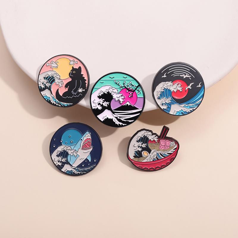 Ukiyo-e Style Wave Enamel Pins Ocean Sunrise Sunset Shark Mount Fuji Brooches Lapel Backpack Badge Jewelry Gift for Friends