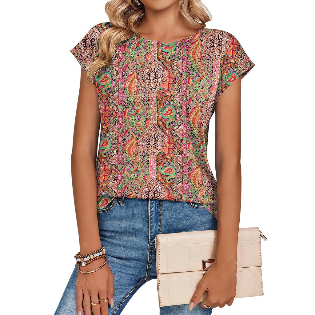 Damen Modisches Lässiges Retro-Print T-Shirt mit lockerem Schnitt