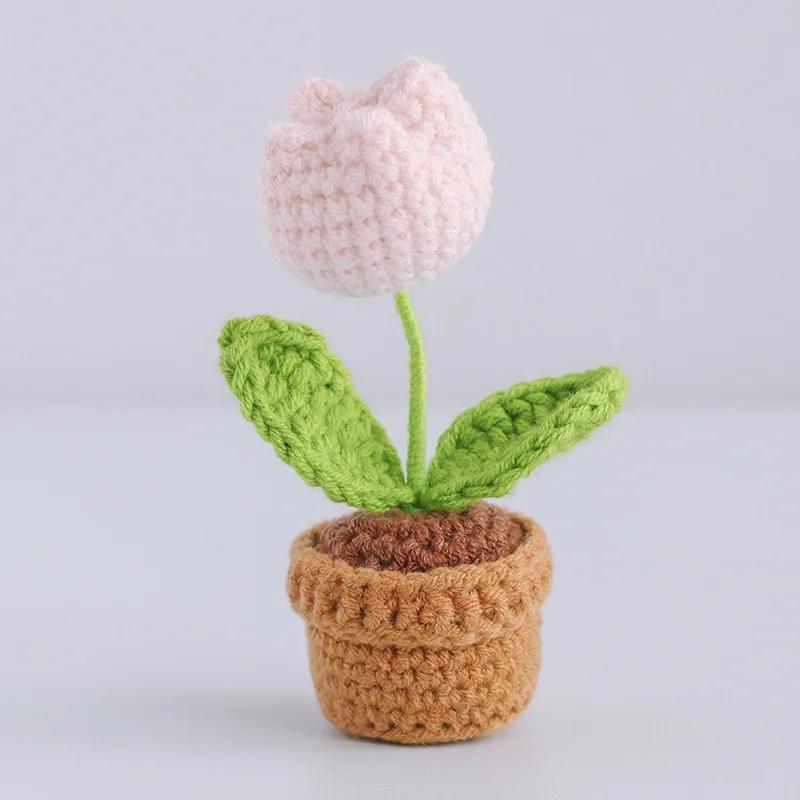 Crochet Sunflower Potted Finished Handmade Flower Kintted Plant Creative Fake Flower Cute Car Desk Decor  Gift