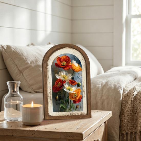 Vintage Framed Wall Art, Curved Wooden Floral Wall Art, Arched Wood Framed Wall Art, Rustic French Country Style Paintings for Bedroom