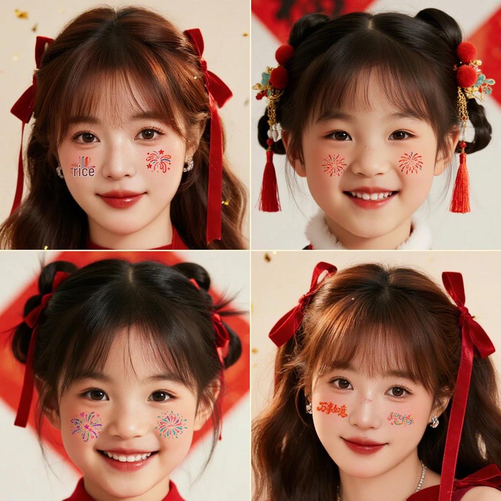 2026 New Year Glitter Face Tattoo Stickers - Spring Festival Cartoon Colors for Stage and Makeup