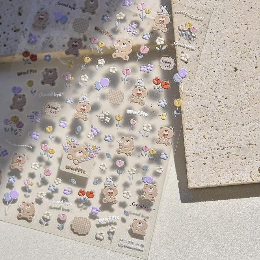 Cute Animals Bear Dog Cake Sweet Cherry Grid Bowknot Star Line Fruit Relief Self Adhesive Nail Art Stickers 5D Manicure Decals