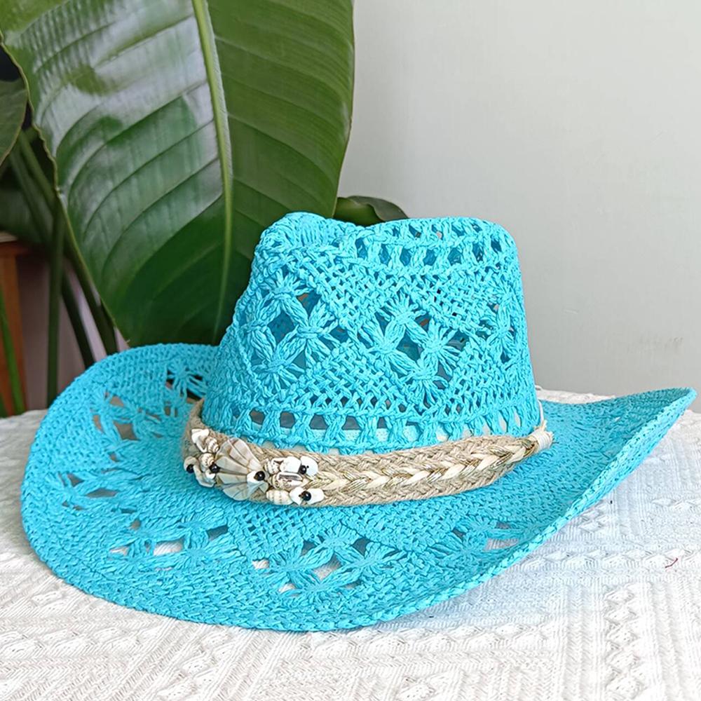 Freedom Outdoors Women's Straw Cowboy Hat Beach Umbrella Jazz Hat With Baker Accessories Fashion Summer 56-58Cm