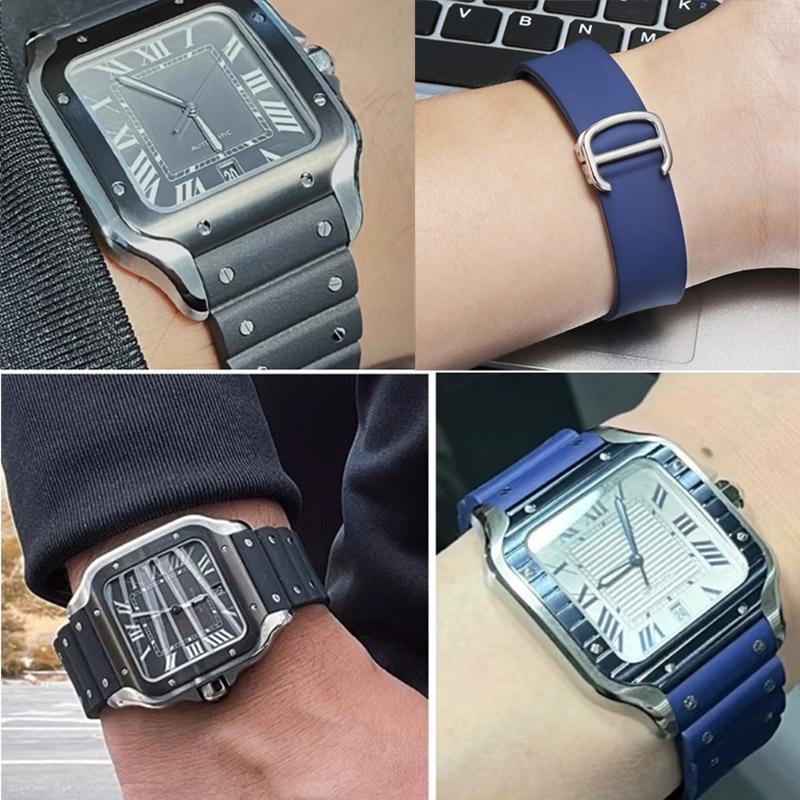 Hochwertiges Gummi-Uhrenarmband für Cartier Santos Armband Santos 100 Serie Schwarz Blau Wasserdichtes Armband Faltschließe Gürtel 21mm