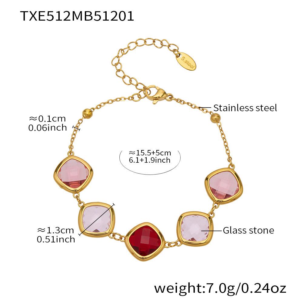 Stylish European & American Stainless Steel Jewelry Set with Square Faceted Glass Stones: Includes Bracelet, Necklace, and Earrings