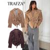 Womens Fall Faux Suede Jacket - Slim Fit Lace-Up Waist V-Neck Street Style