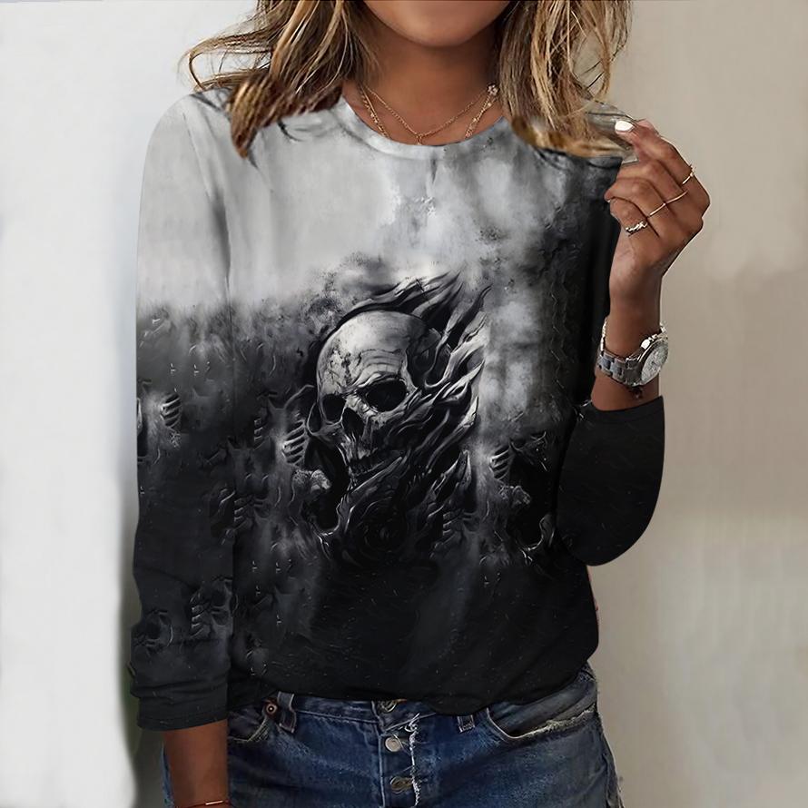 

2025 Autumn & Winter Women s New Casual Crew Neck Long Sleeve Top 3D Halloween Pattern Ideal Halloween Christmas Gift XS сірий