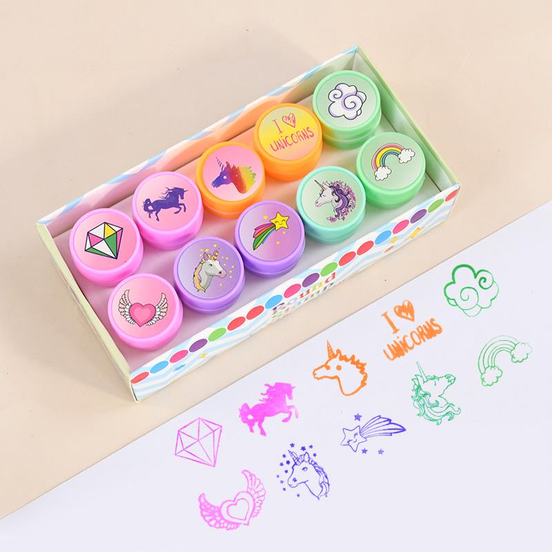10Pcs Cartoon Self-ink Stamps Unicorn Mermaid Pattern Kids Birthday Party Favors Gift Toys DIY Scrapbook Decoration Supplies