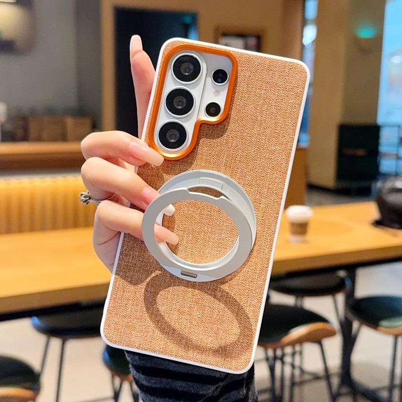 Linen Fabric Case for Samsung S26 Ultra S25 Plus S24 Ultra Magnetic Rotating Stand Metal Buttons Shockproof Soft Edge Cover