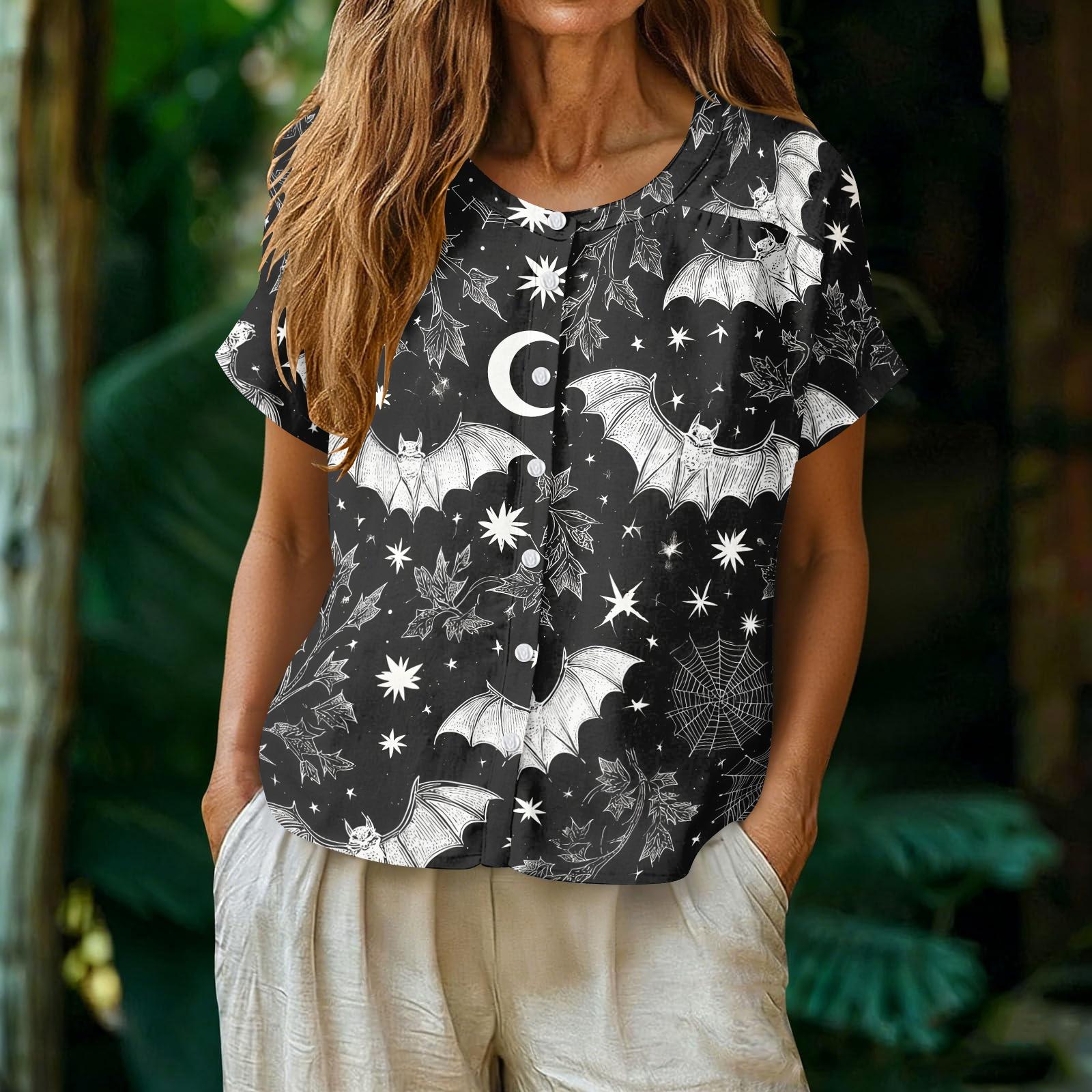 Women s Neck Top with Button Front Halloween Print Casual Blouse L