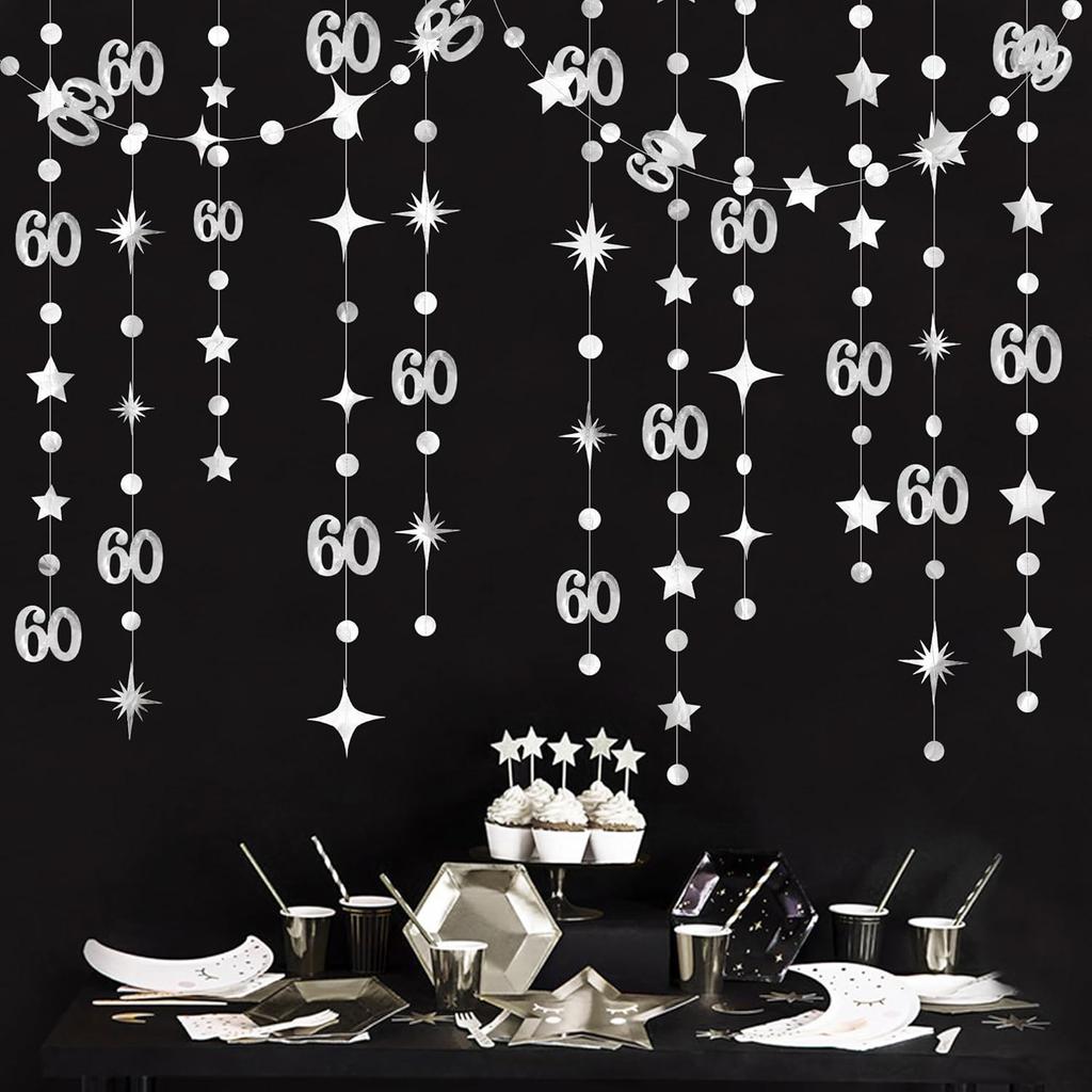 Champagne Gold 60th Birthday Decorations Number 60 Circle Dot Star Garland Metallic Streamer Banner for Women Mens Cheers to 60 Years Old Birthday
