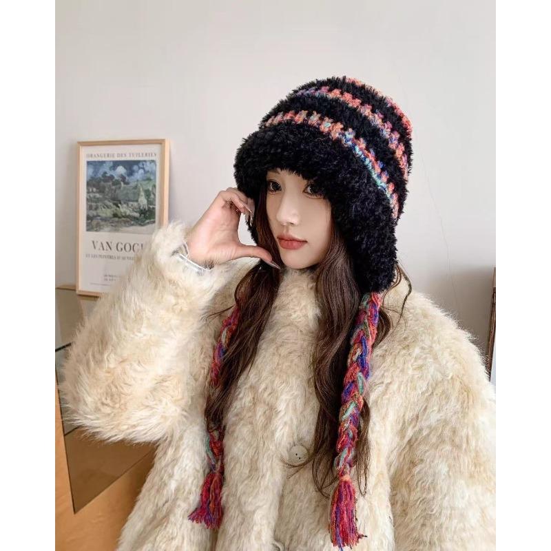 

Winter new warm ear protection color rope plush hat women s plush thickened cycling pullover hat versatile windproof knitted wool