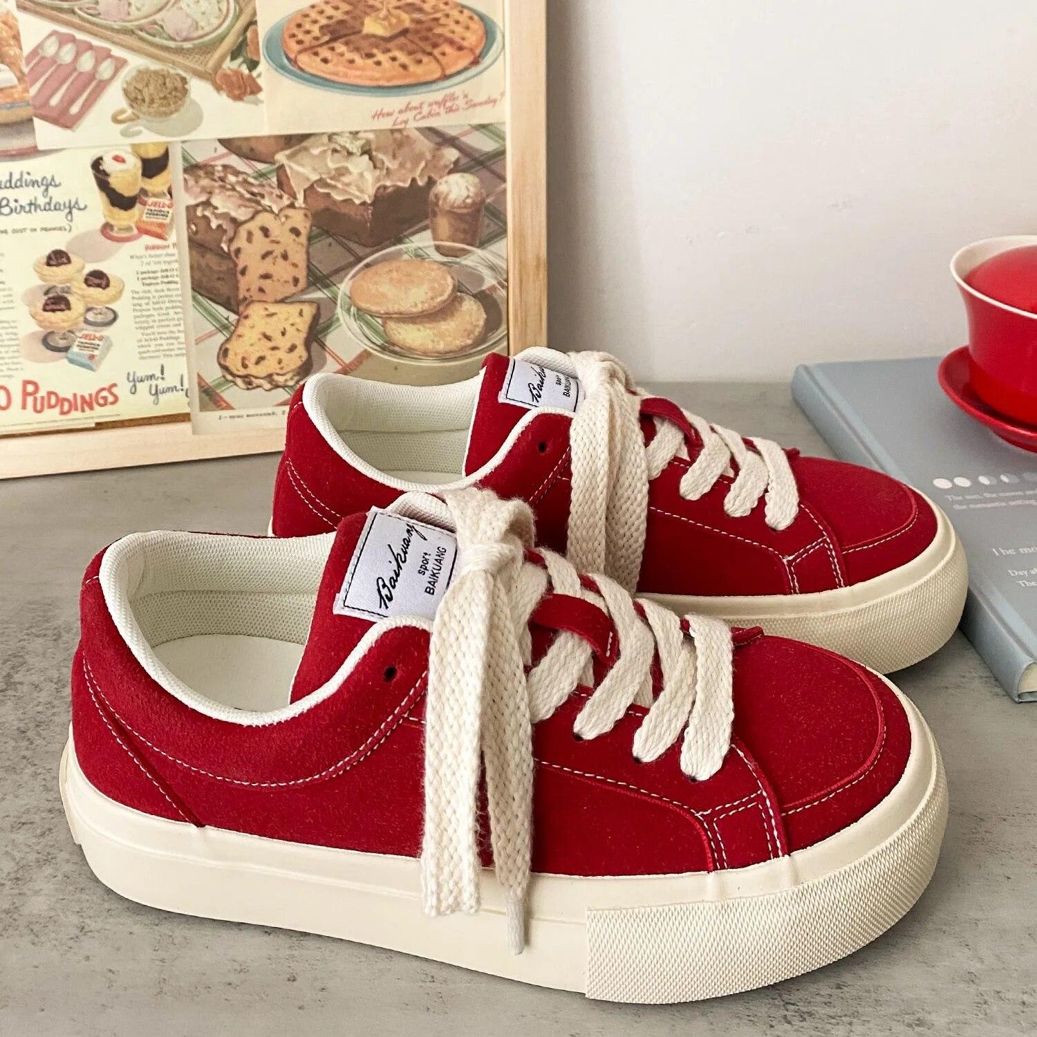 

Женская обувь на платформе. Стильные и удобные красные однотонные замшевые кроссовки на плоской подошве. Обувь для прогулок и бега на шнуровке. 37 красный