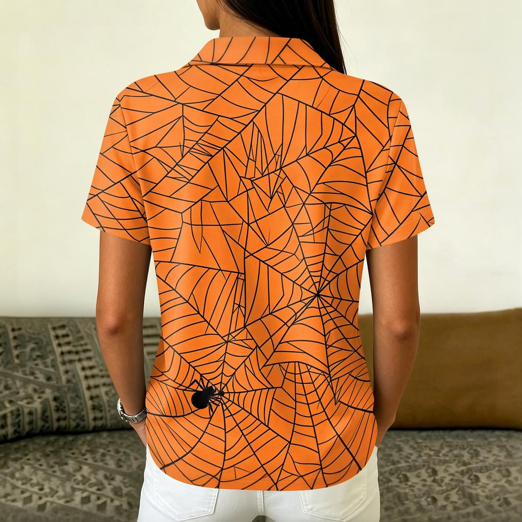 Women's Casual Button Down Short Sleeve Blouse with Halloween Print Lapel