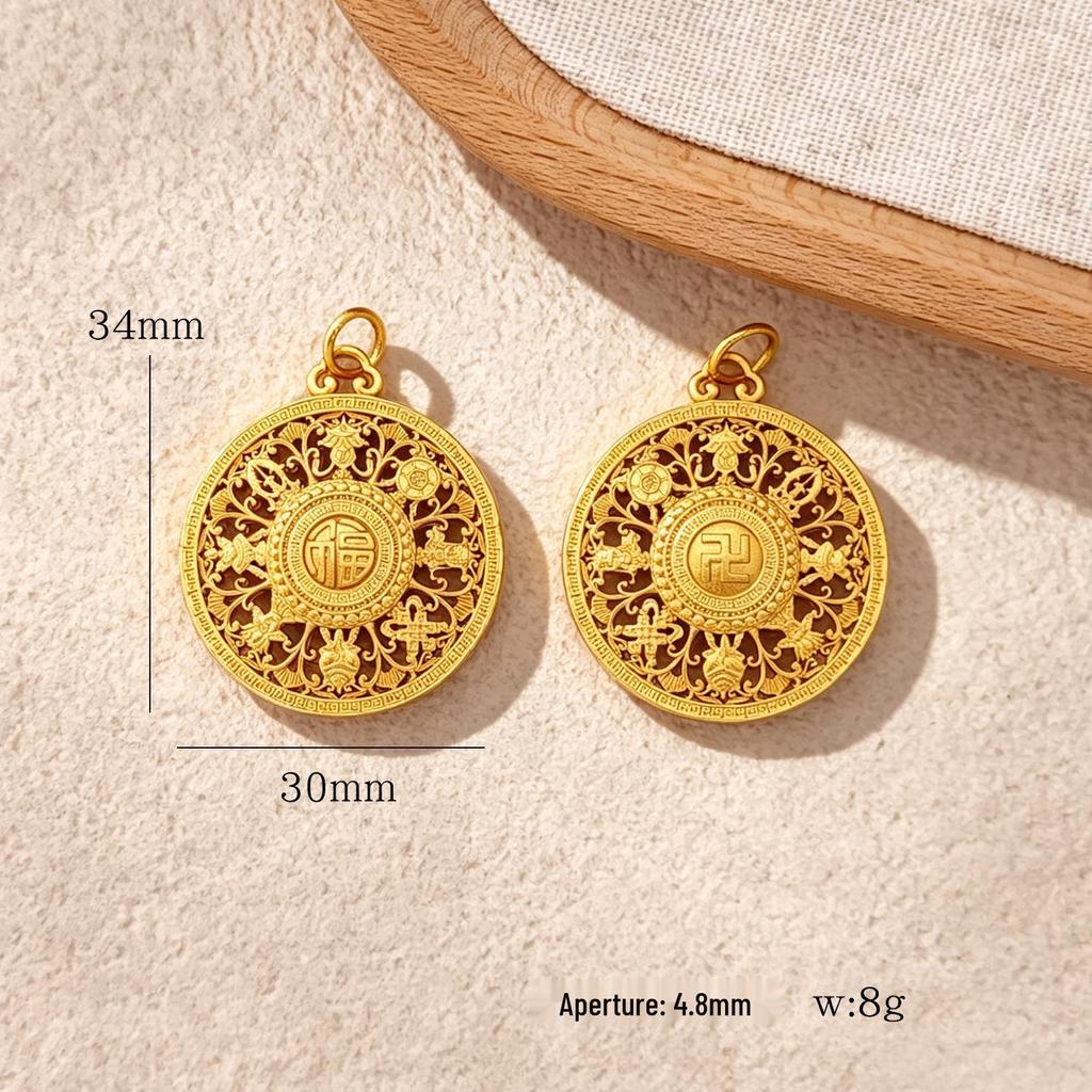 Copper-Plated Auspicious Eight Treasures Compass Pendant Necklace with 24K Gold and Strong Color Retention.