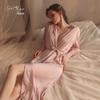 Rose Satin-Lapel Lace-Panel Long Robe & Bathrobe Set