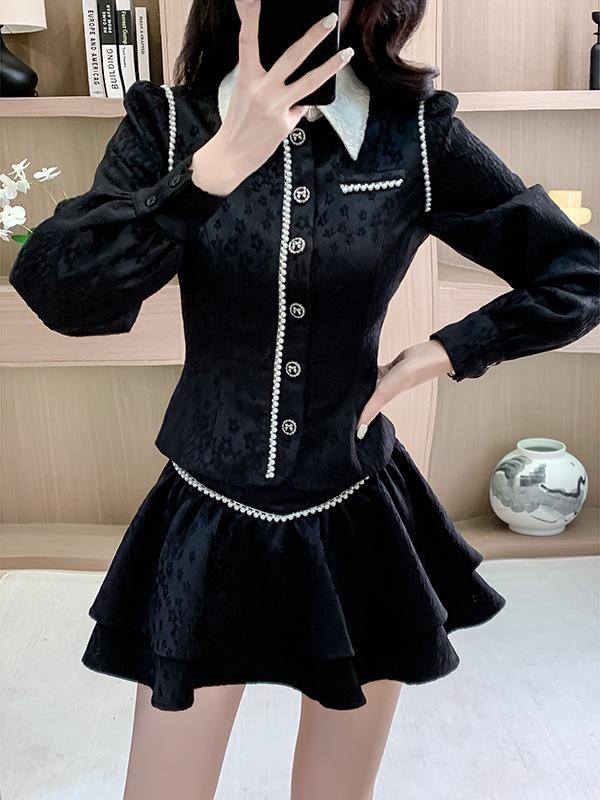 

Весенний костюм принцессы «Цяньцзинь» с черным жаккардом и жемчугом – Приталенный короткий жакет и юбка А-силуэта XL