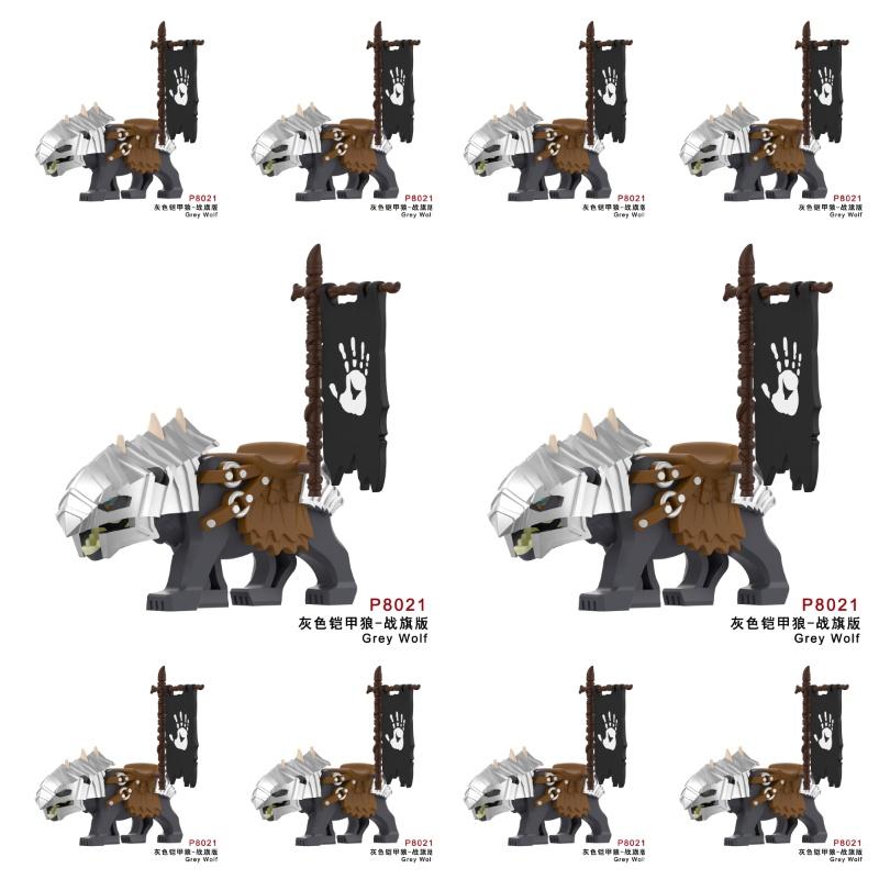 

MOC Lotr Action Figures Medieval Soldiers Armored Wolf Rider flag version Mount Knights Building Blocks Bricks Toys
