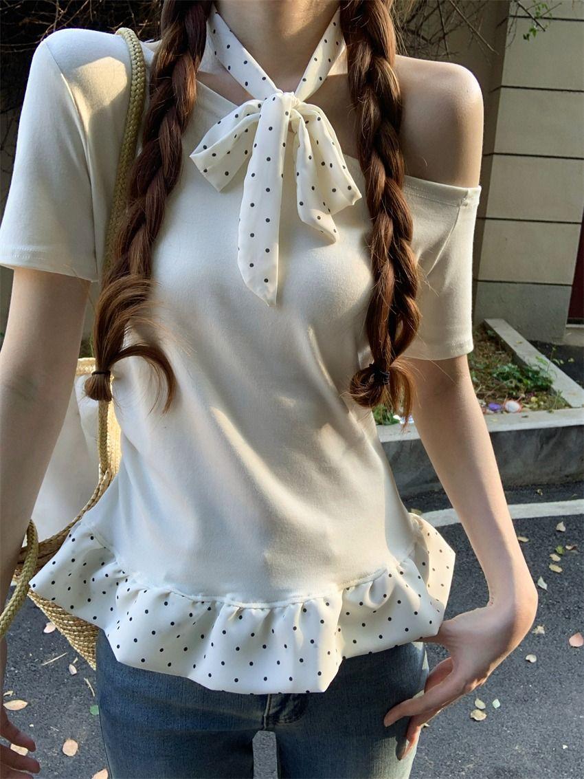 

Design Sense Slant Neck Off-Shoulder Strap Short Sleeve T-Shirt Women s Summer Korean Version Slim-fit Versatile Pullover Bottom Top Xl [recommended 60-65kg ] абрикосовий