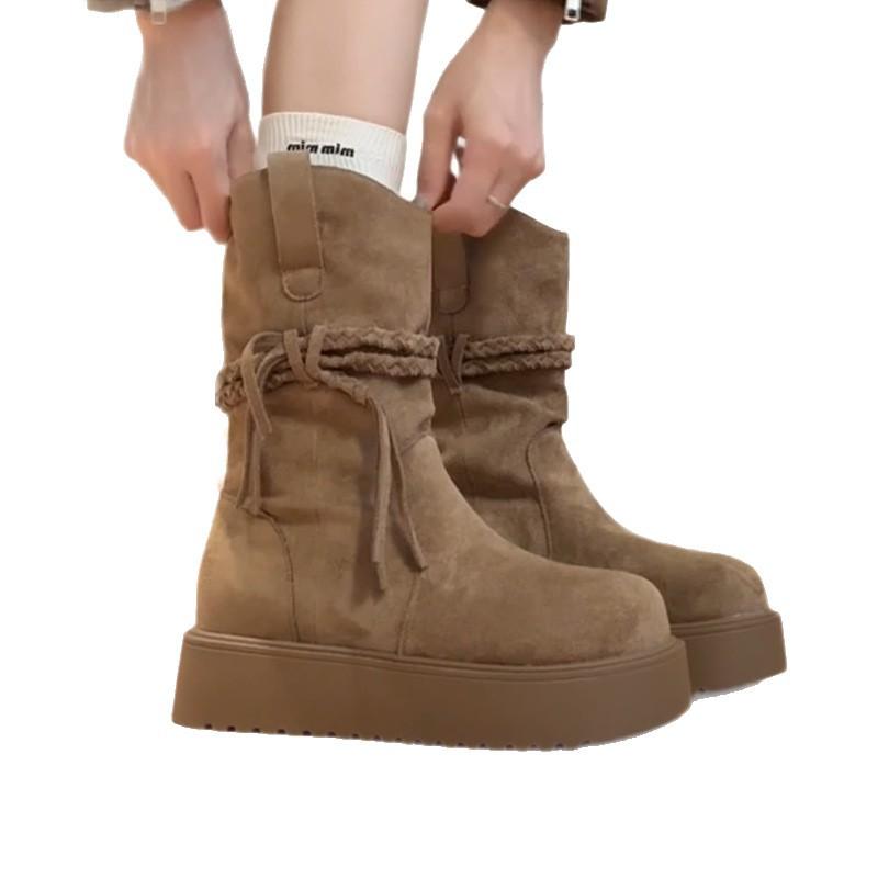 Retro Spice Girl Skinny But Knee Round Head Knight Boots Women's Autumn and Winter Fashion Versatile Medium Boots Fashion Boots Tide