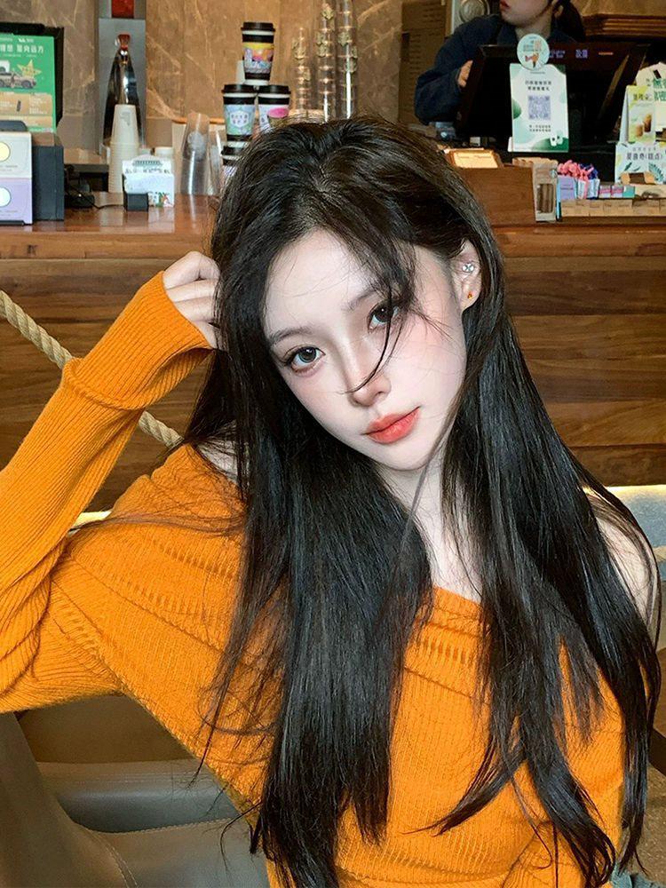 Elegant Tangerine One-Shoulder Knit Sweater - Women's Autumn/Winter Long-Sleeve Top