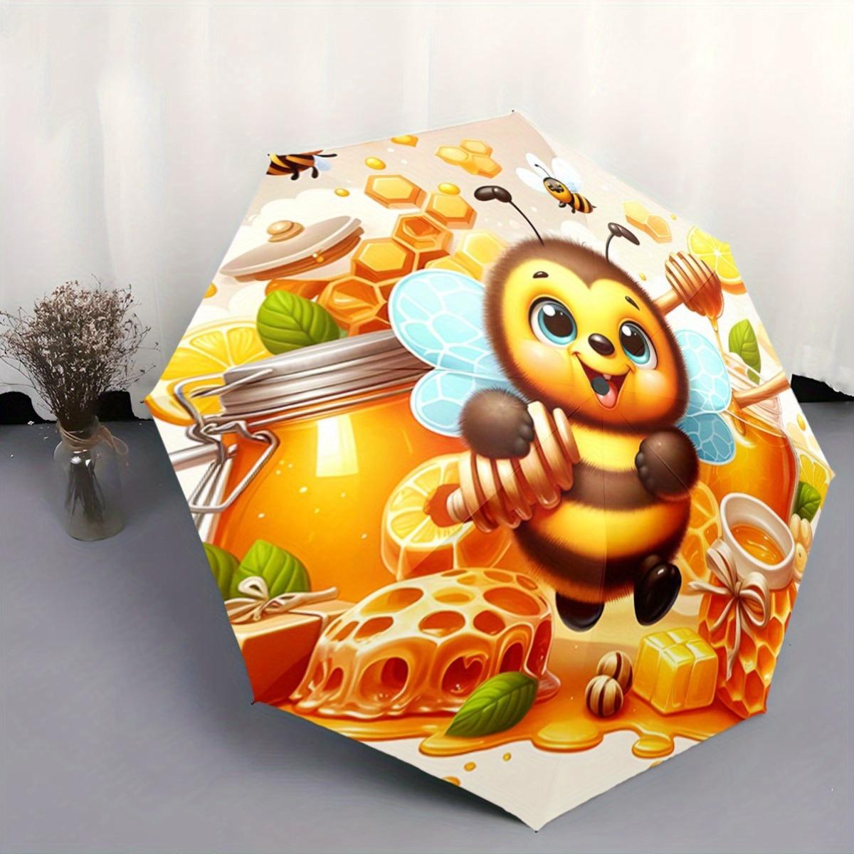 Automatic Open/Close Umbrella with Cute Bee & Honeycomb Design - Compact Folding Umbrella, Portable Travel Umbrella with 8-Rib