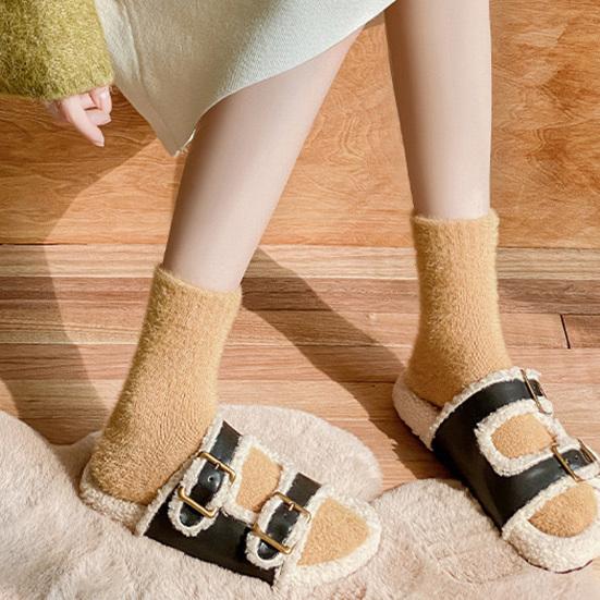 Elastic Ribbed Ankle Socks Thickened Imitation Mink Velvet for Women, Soft Plush Socks, Thermal Winter Crew Warm Solid Color Cozy Hosiery Home