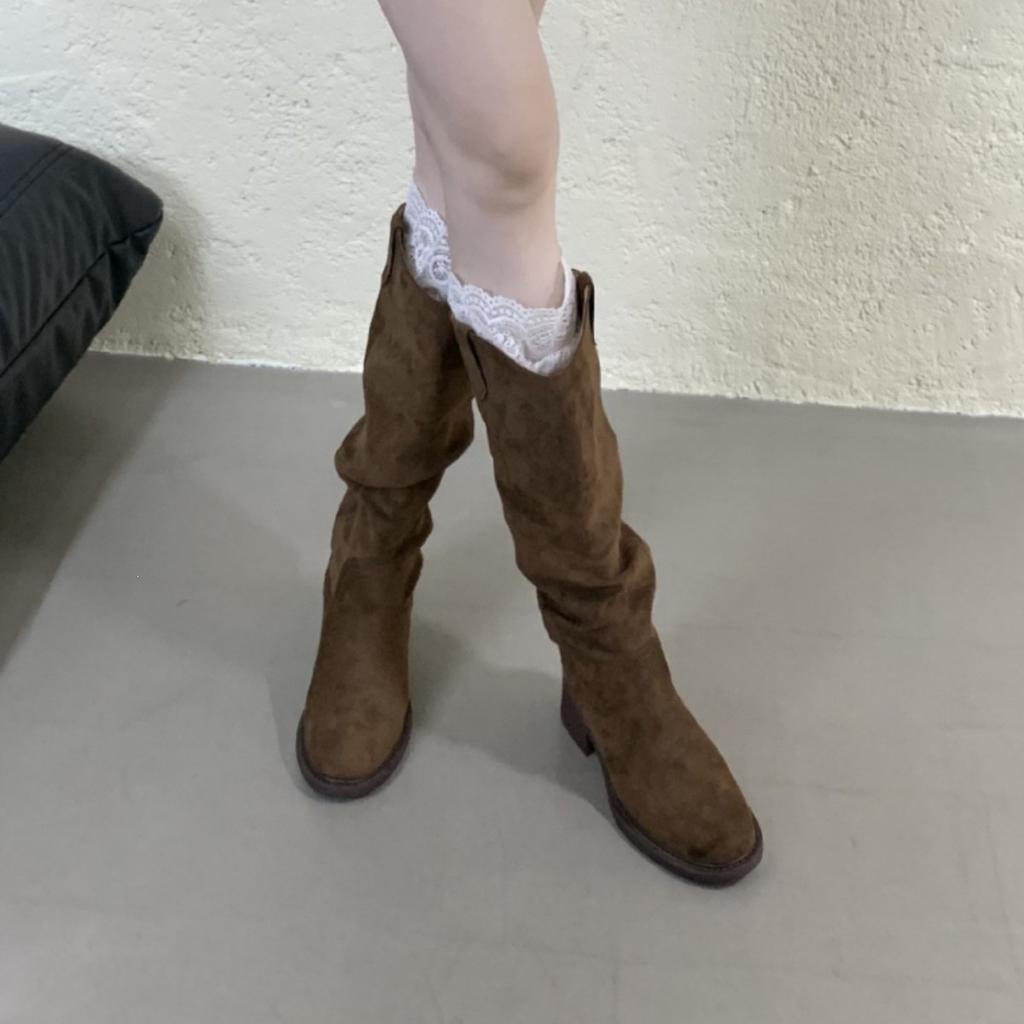Boots women's thick heel autumn and winter western boots tall retro thin pleated piled boots knight boots
