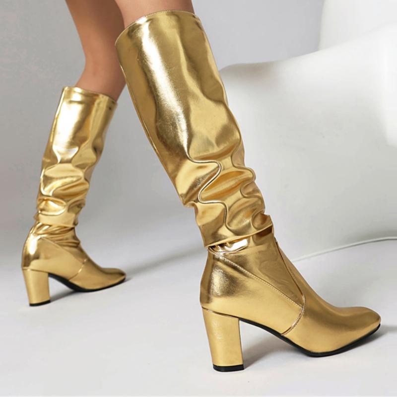 Zlaté Stříbrné Vysoké Kozačky Pro Ženy Boty 2025 Sexy Luxusní Vysoké Podpatky Zimní Dámské Kozačky po Koleno Chelsea Dlouhé Společenské Boty Dámské