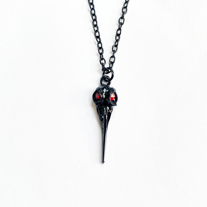 Gothic Steampunk Black 3D Crow Skull Necklace & Red Bead Earrings Set