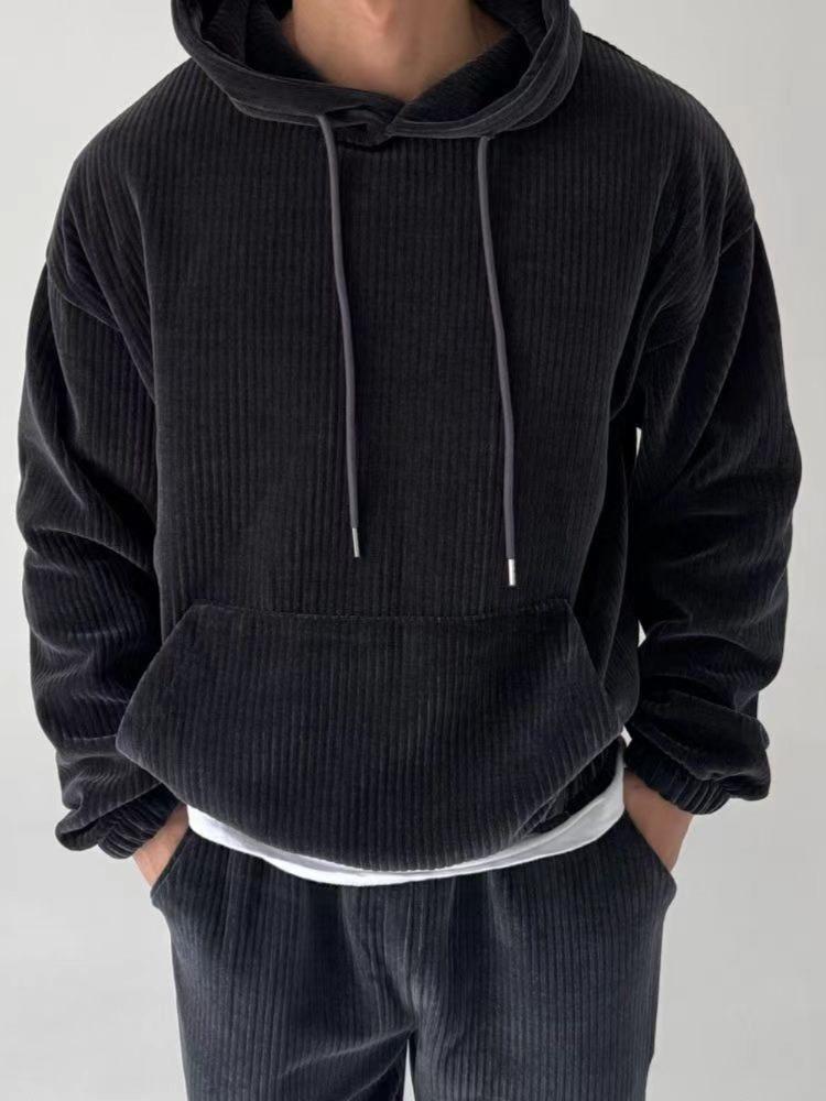 

Autumn Men s Sweatshirt Moisture Warmth Heat Comfortable Skin-friendly Tops Casual Fashion Corduroy Solid Colour Hooded Big Pockets Sports & Homewear XXXL чорний