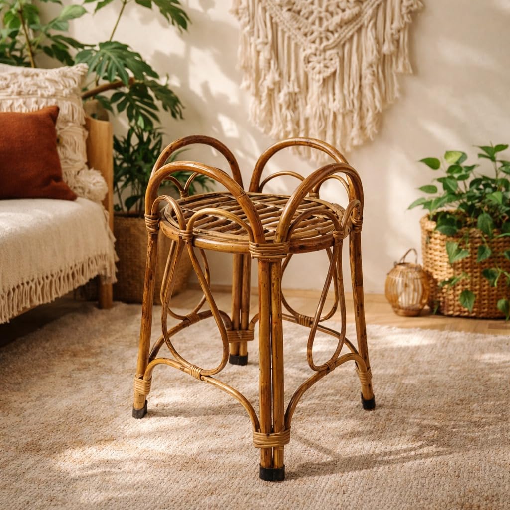 Eco Decx Handcrafted Rattan Plant Stand, Natural Bamboo Flower Pot Holder for Indoor Plants & Living Room Decor, 32 x 32 x 54 cm