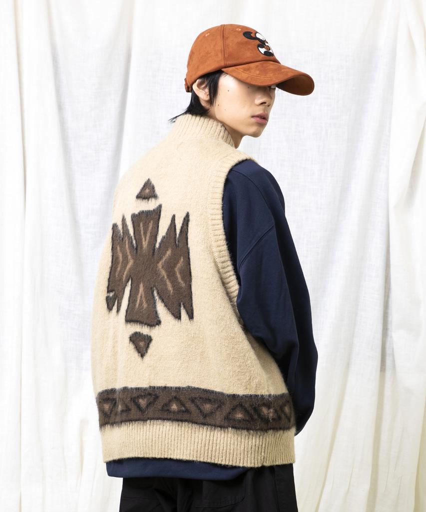 GLACK Gnt065 Ugly Navajo Zip-Up Knit Vest (Beige)