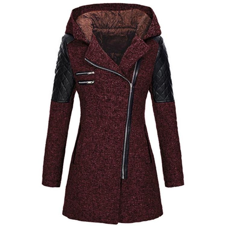 Warm Winter Coat Women Mid Length Woolen Hooded Windbreaker with Oblique Zipper