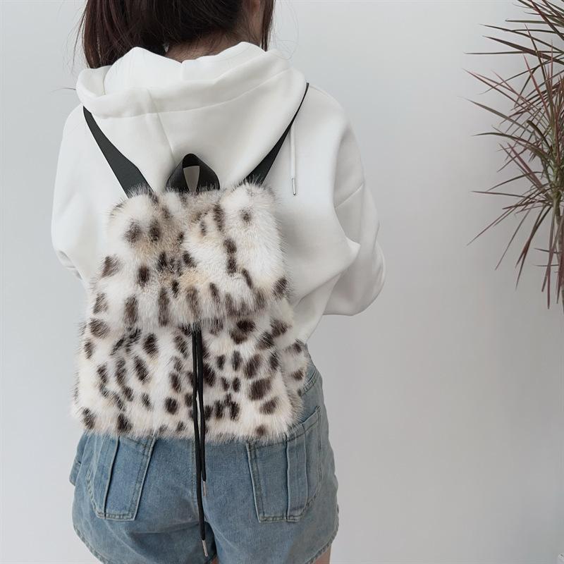 Nowy Pluszowy Plecak Imitacja Króliczego Futra Plecak Studentka Duża Pojemność Sznurek Panterka Jednolity Kolor Wszechstronna Torba Damska